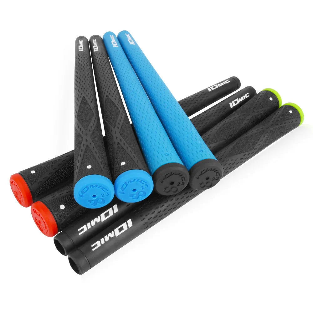 TPE and TPR golf club grip shown in multiple colour options including pink, red, blue, and two-tone designs.