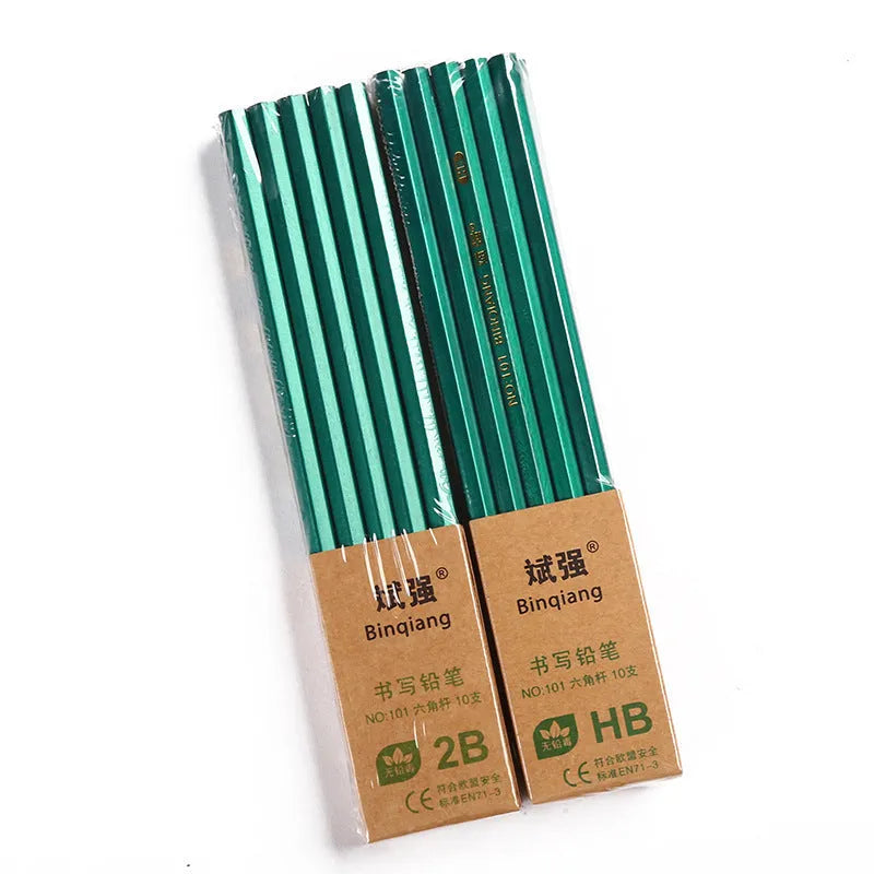 Green Rod wooden pencils set of 10 with HB and 2B graphite grades and six-angle rod design