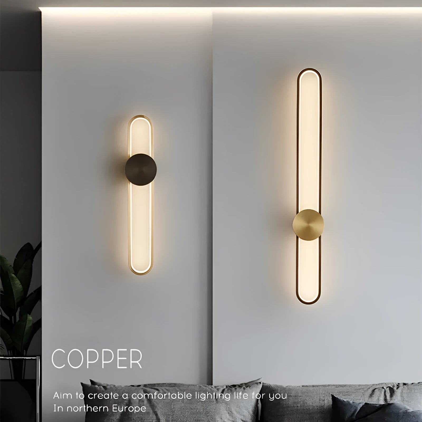 Round modern wall lamp with iron shade in gold or black finish options
