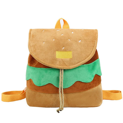 Hamburger-shaped plush backpack for girls with adjustable drawstring