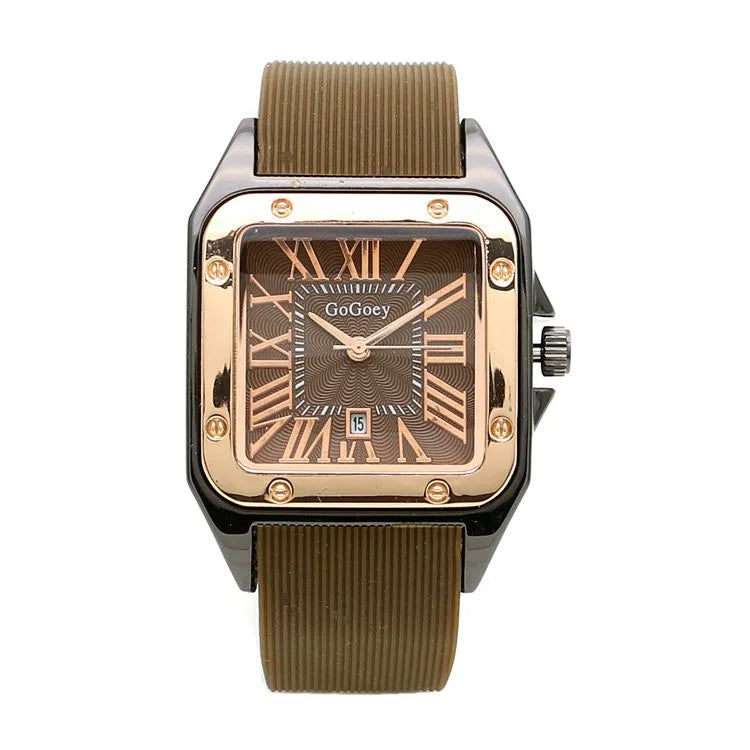 Women's square quartz watch with Roman numerals, 11mm case, black tape strap