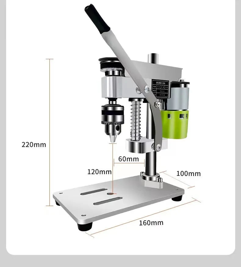 High precision small bench drill with aluminum alloy base, copper wire motor, seven gears adjustment, and stainless steel chuck on workbench.