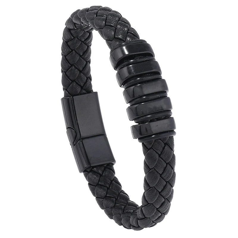 Multi-layer leather woven bracelet wrist ring in black, gold, white, and black and golden
