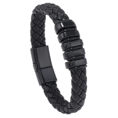 Multi-layer leather woven bracelet wrist ring in black, gold, white, and black and golden