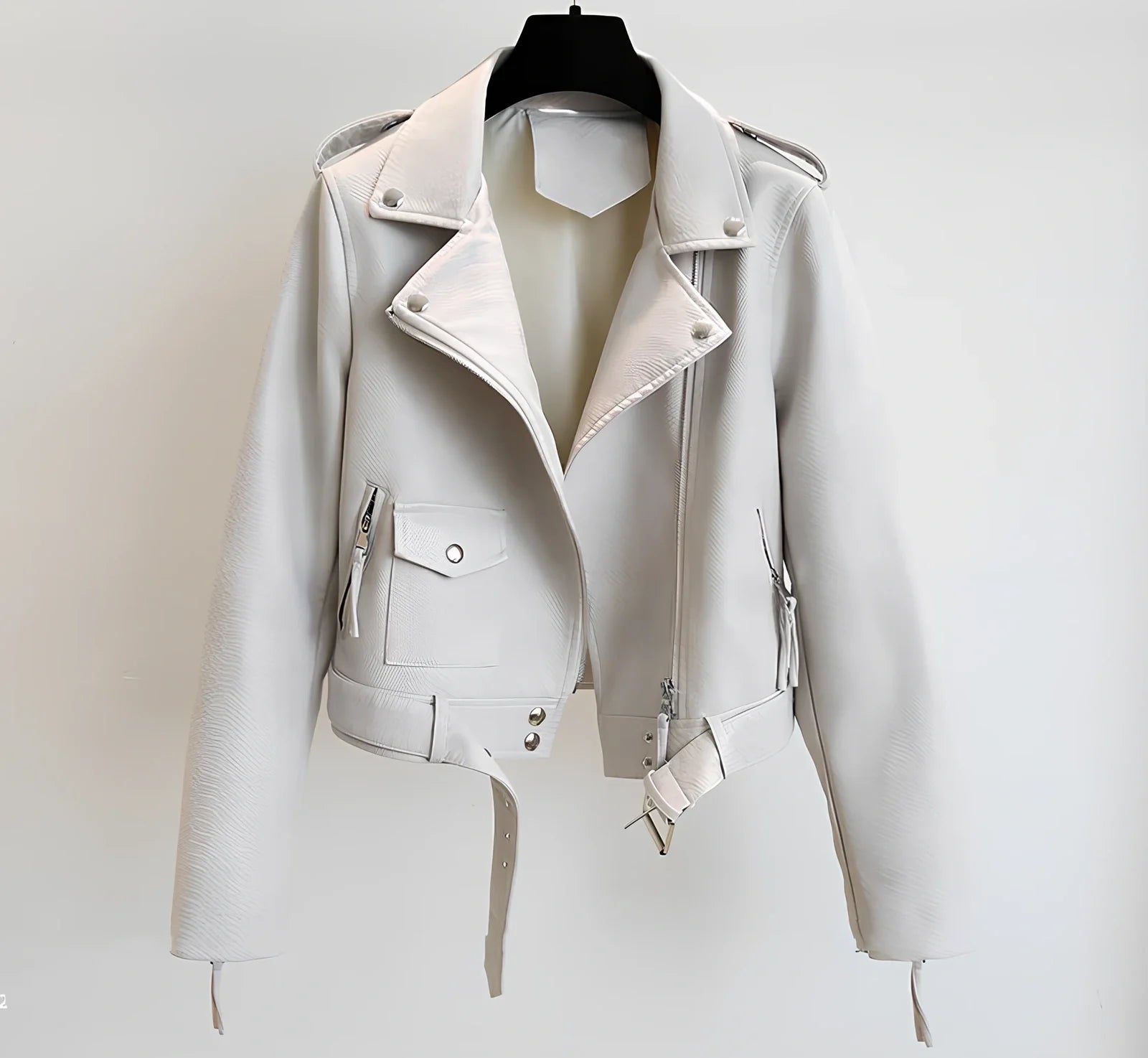 Women's short black imitation leather jacket with lapel collar and belt, 50cm length, S-XL sizes for spring autumn