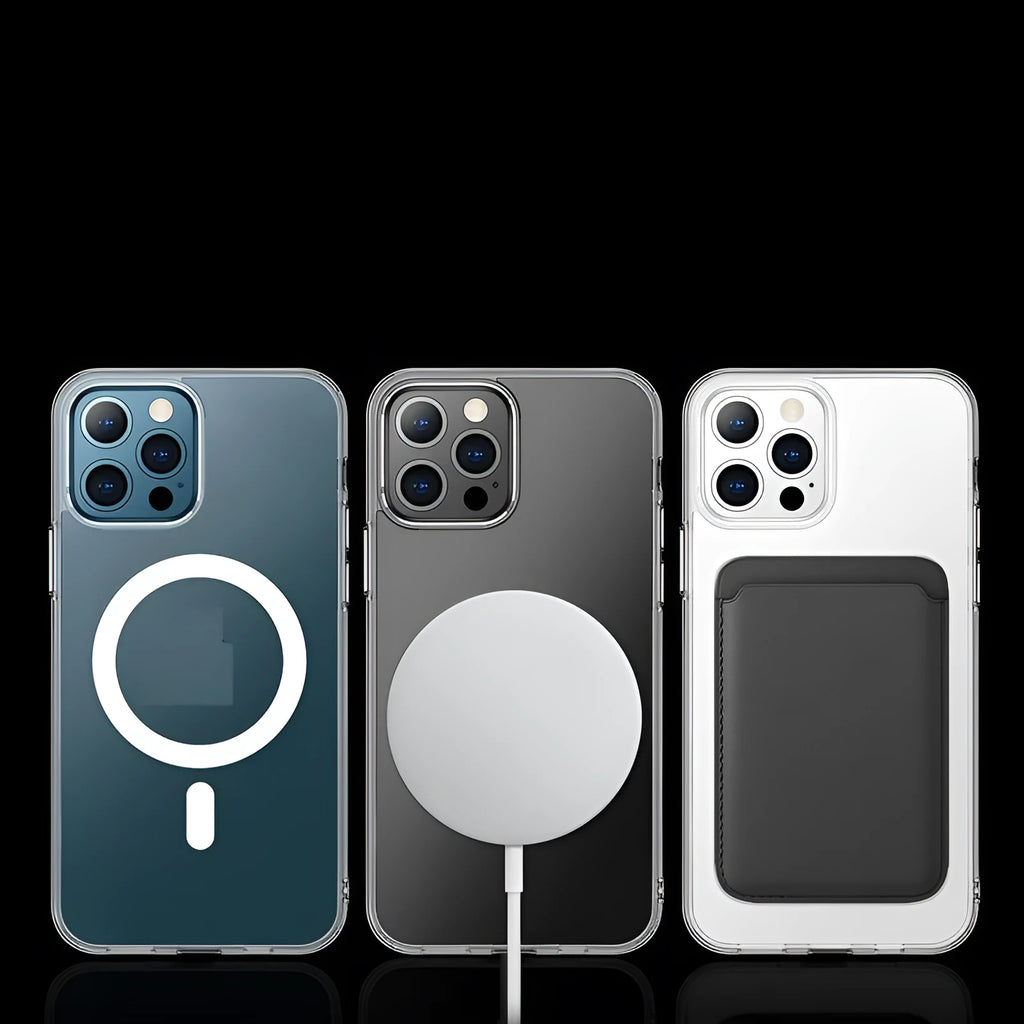 Transparent magnetic phone back cover case for iPhone on a table