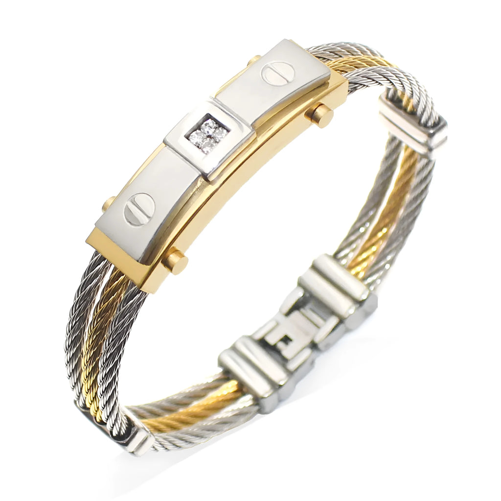 Three-ring steel wire braided hemp rope bracelet in titanium steel with electroplated finish on neutral background