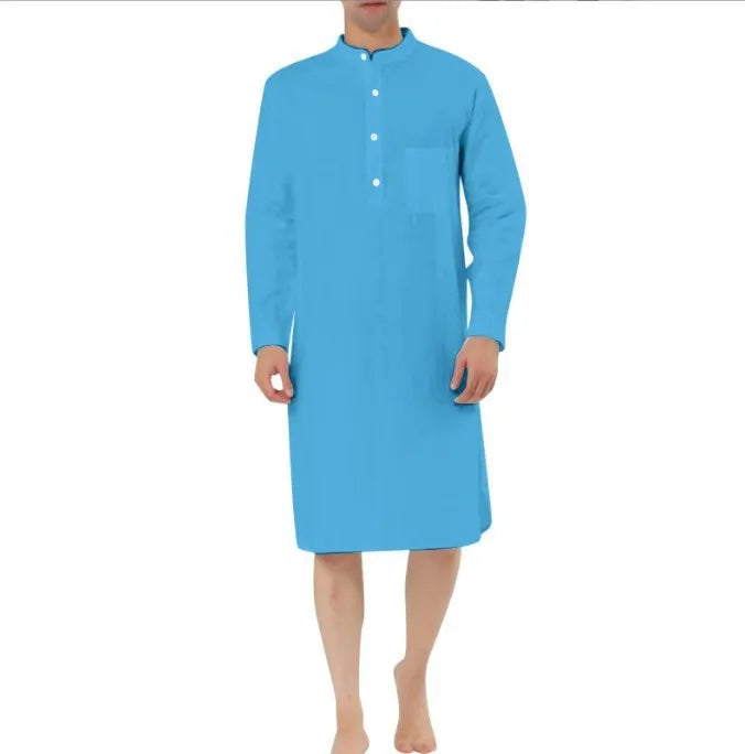 Men's simple cotton shirt robe with a front pocket, shown in a choice of colours