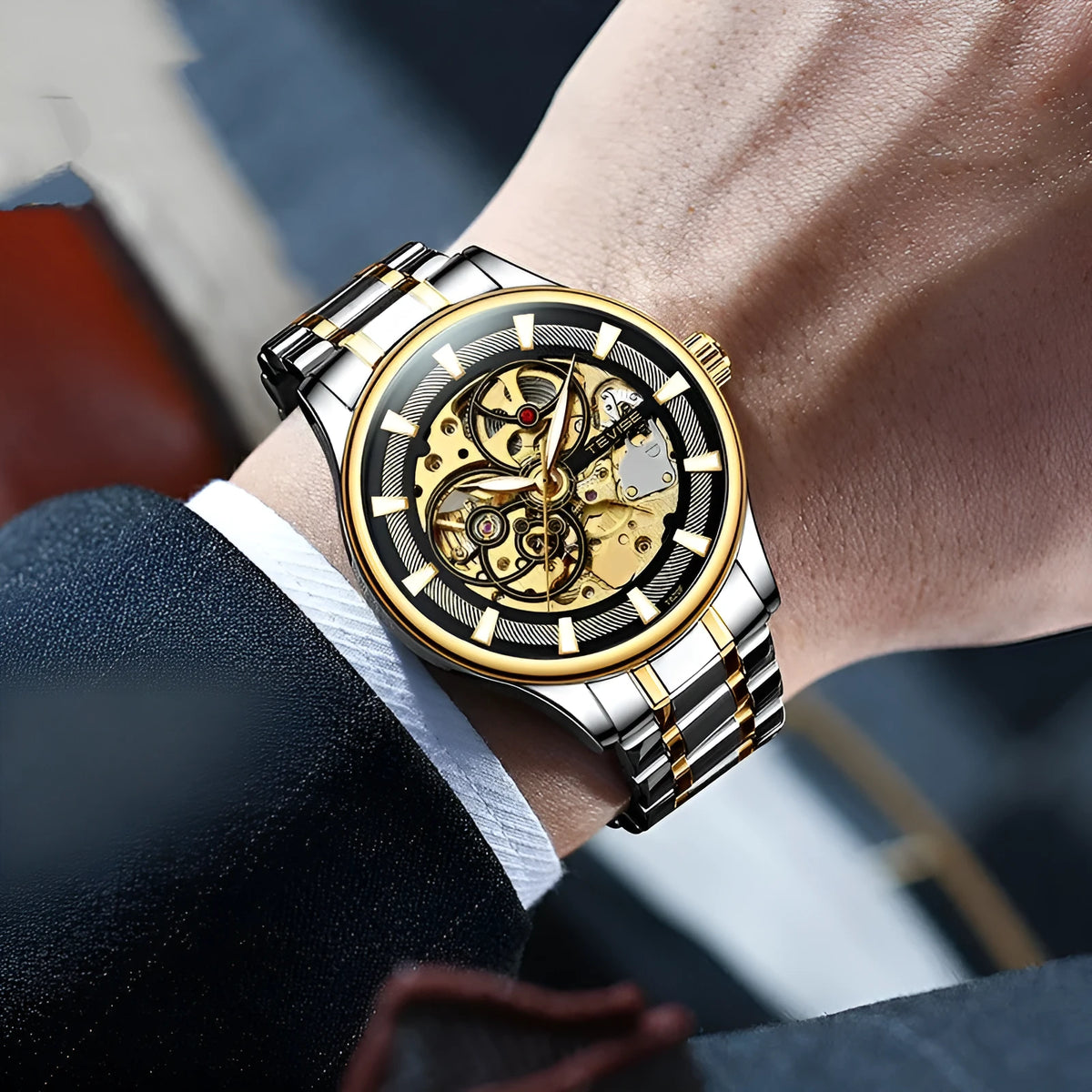 Men's luminous star mechanical watch with stainless steel strap and transparent case back
