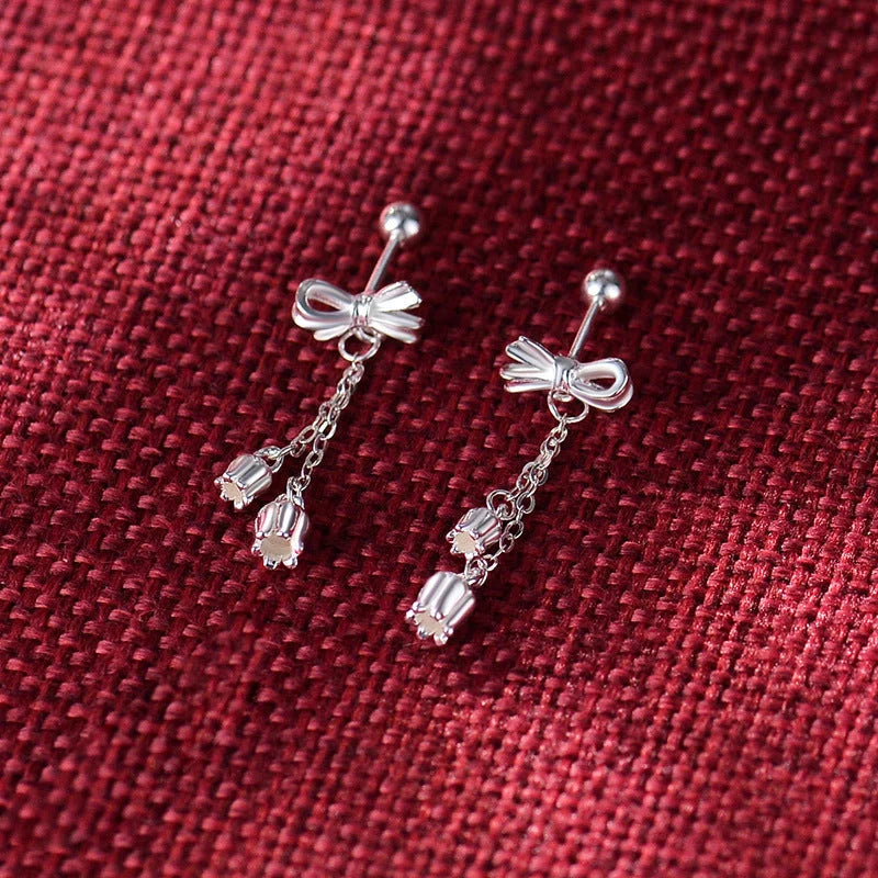 Pure silver bow eardrops with sweet tassel bone stud, Korean style
