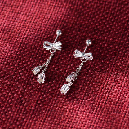 Pure silver bow eardrops with sweet tassel bone stud, Korean style