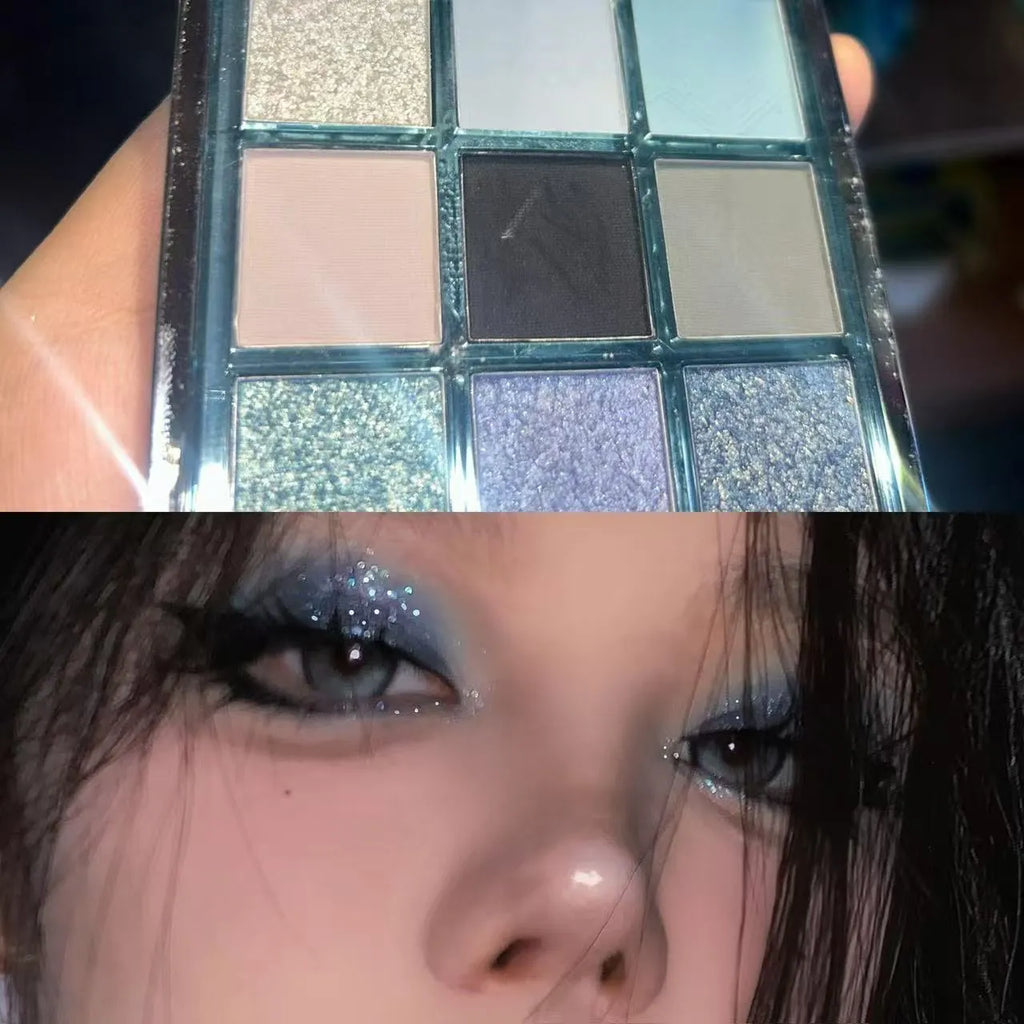 MUGELEEN nine-colour eye shadow palette with blue smoked colours and earth tones