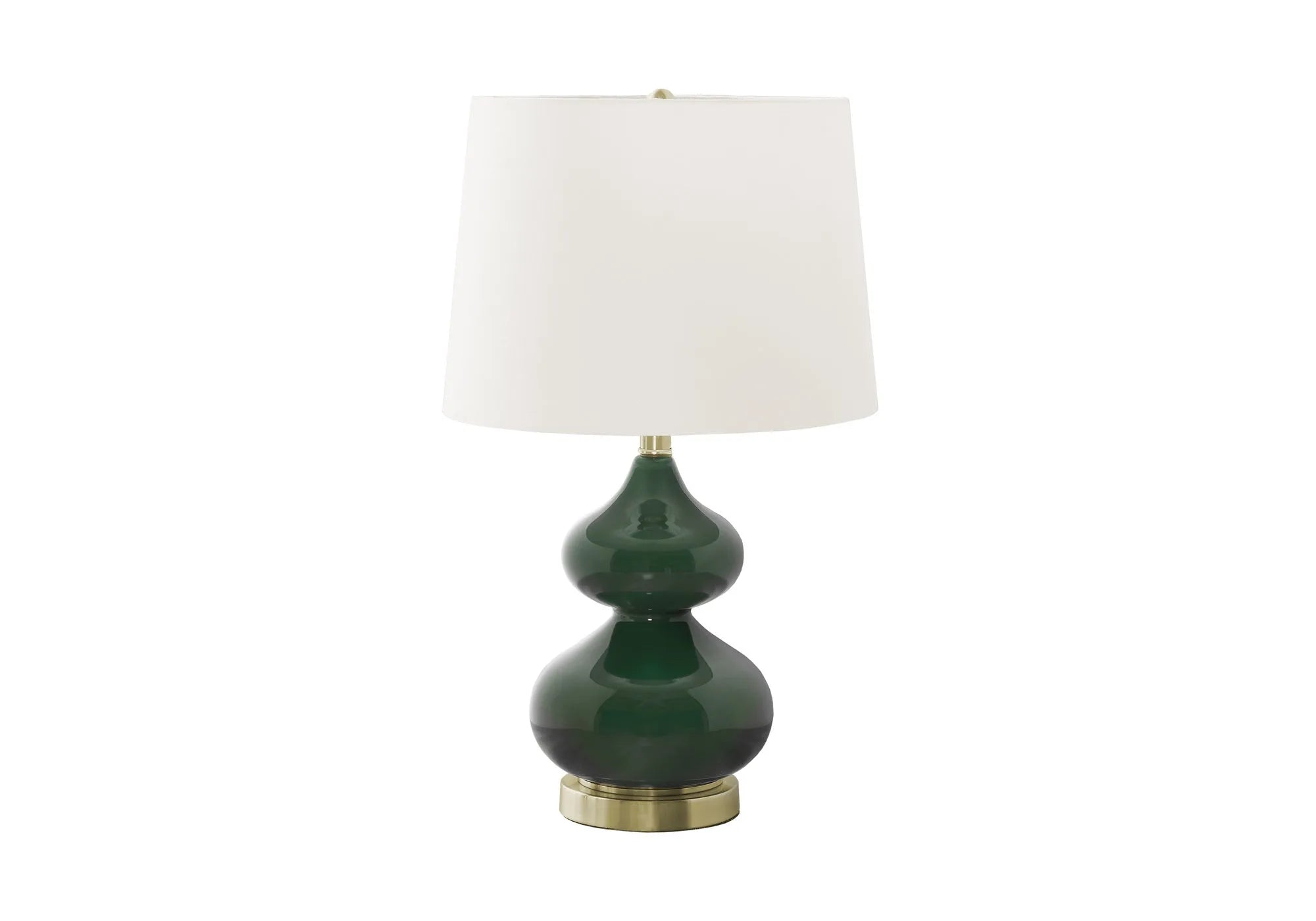 Blue crystal glass desk lamp with a white fabric shade on a wooden desk.