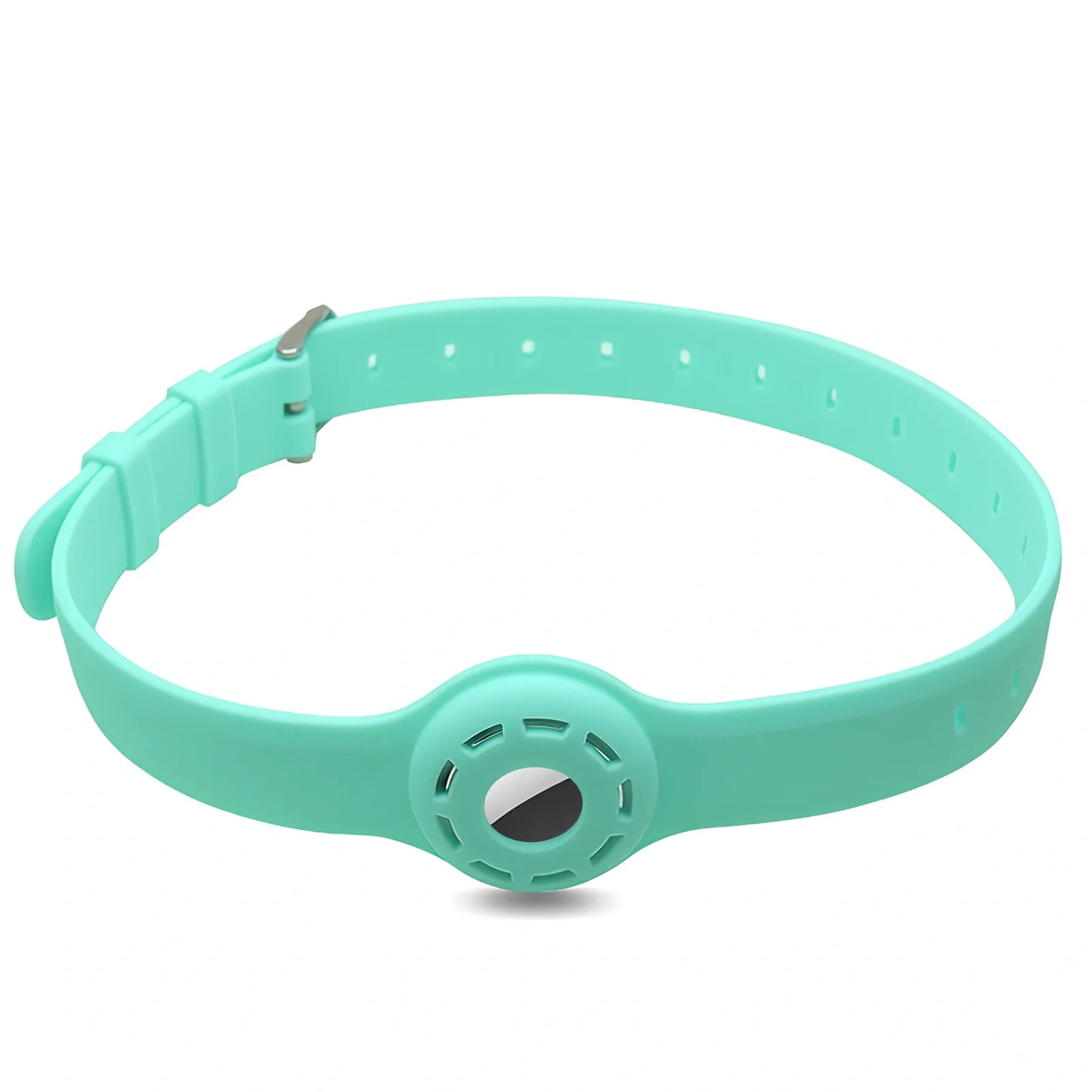 Red silicone AirTag tracker collar wrapped on pet neck, adjustable armband in solid colour for anti-lost security