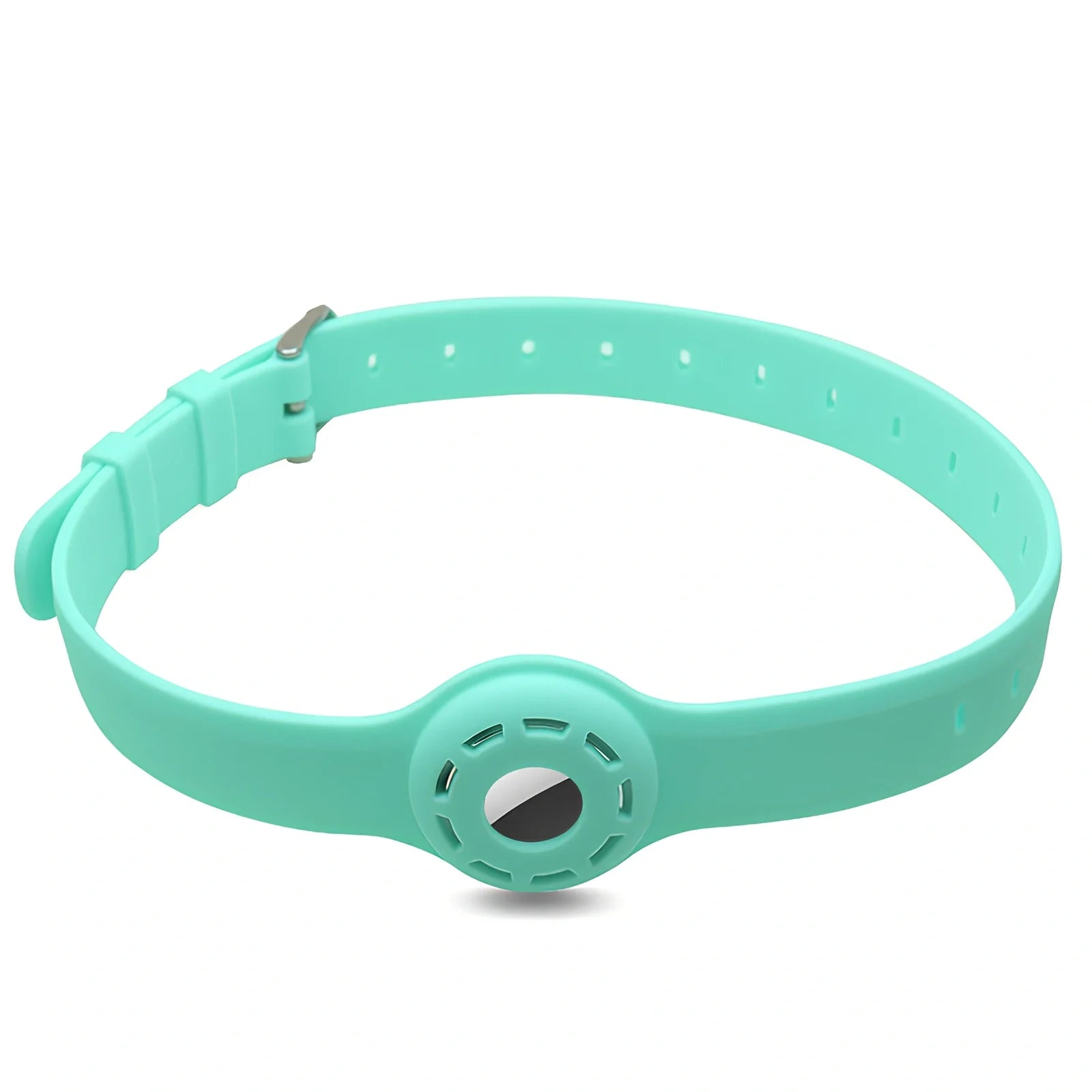 Red silicone AirTag tracker collar wrapped on pet neck, adjustable armband in solid colour for anti-lost security