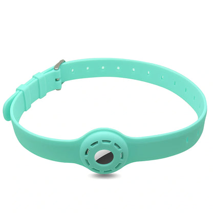 Red silicone AirTag tracker collar wrapped on pet neck, adjustable armband in solid colour for anti-lost security