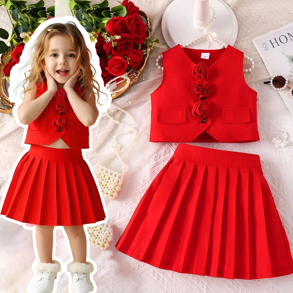 Girls suit vest and pleated skirt set in solid red colour, polyester fabric, front view