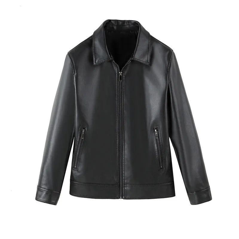 Men's black PU leather casual jacket with a zipper pocket on a hanger.