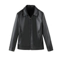 Men's black PU leather casual jacket with a zipper pocket on a hanger.