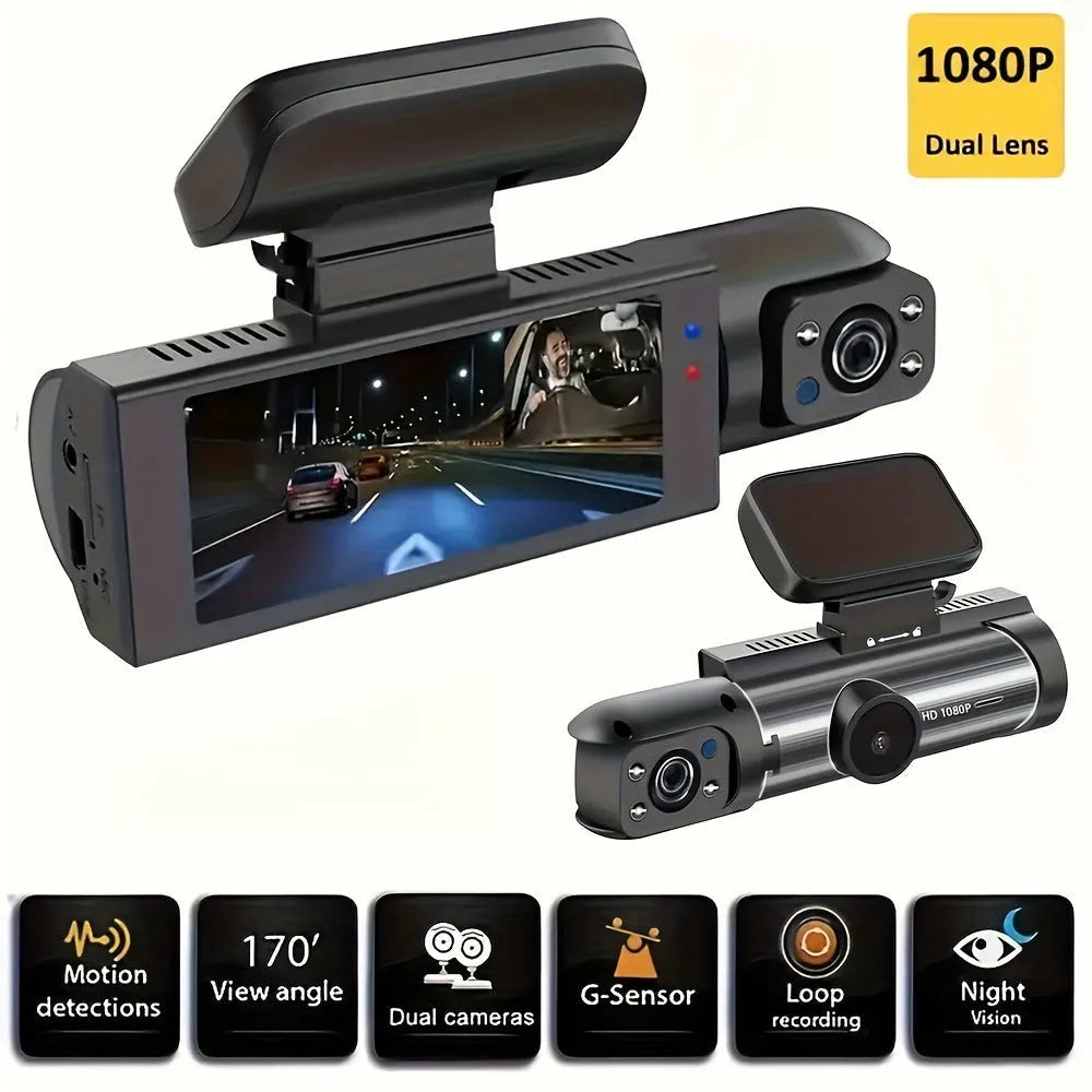 Car driving recorder with 1080p night vision and 360-degree camera on car windscreen