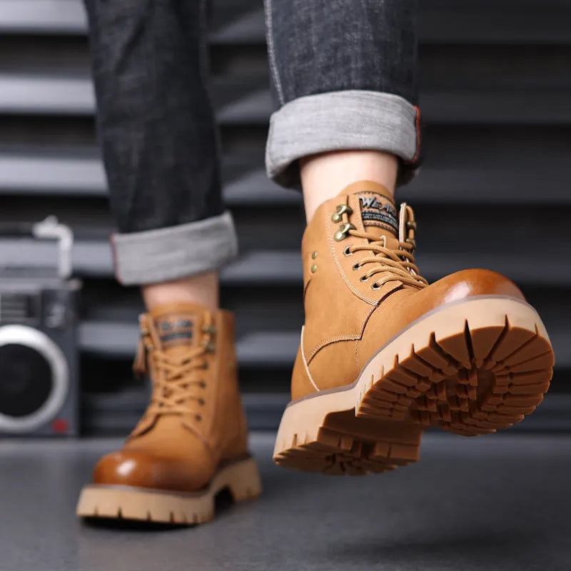 Men's brown leather high-top Martin boots with side zipper and round toe on a rubber sole.