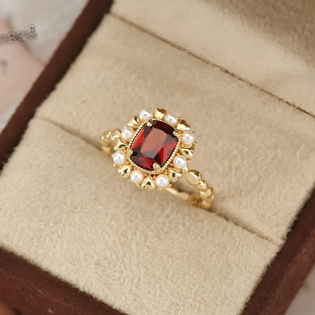 Natural stone garnet red ring with gold electroplating and zircon accents, heart and geometric shape, women's sizes 6-10