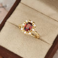 Natural stone garnet red ring with gold electroplating and zircon accents, heart and geometric shape, women's sizes 6-10