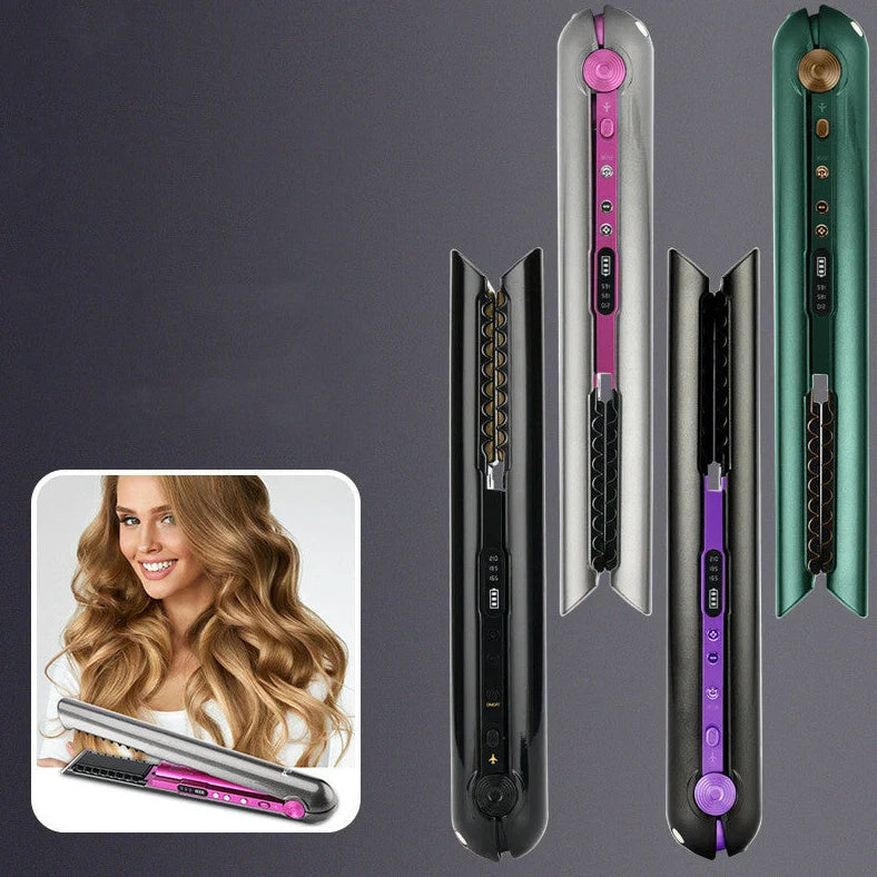 Purple USB hair straightener comb with ceramic heating plates and three temperature settings