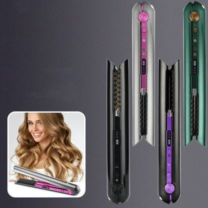 Purple USB hair straightener comb with ceramic heating plates and three temperature settings