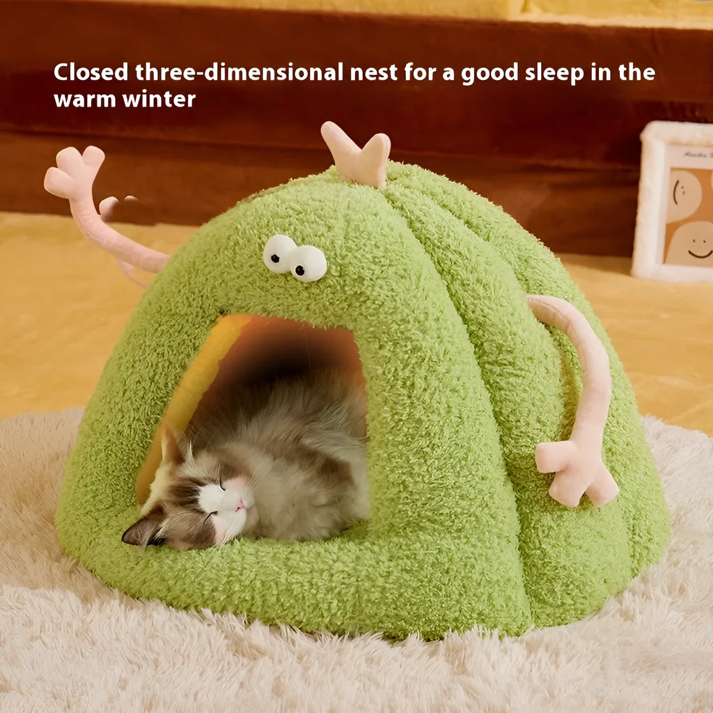 Monster-shaped semi-enclosed cat kennel bed in green, purple or yellow with soft velvet lining.