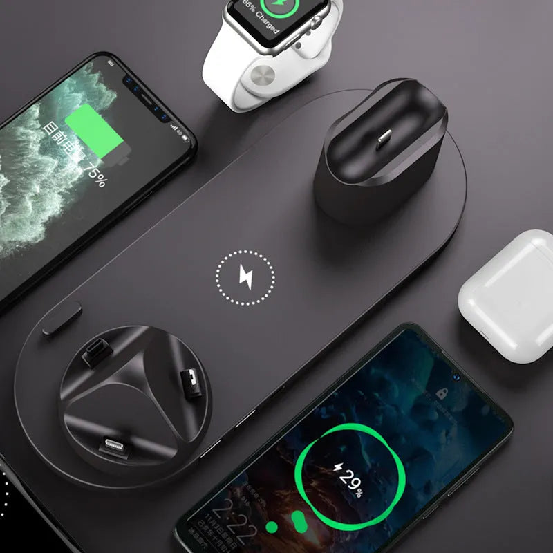 6 in 1 wireless charger for iPhone and watch, fast charging pad in black, compact 23cm design