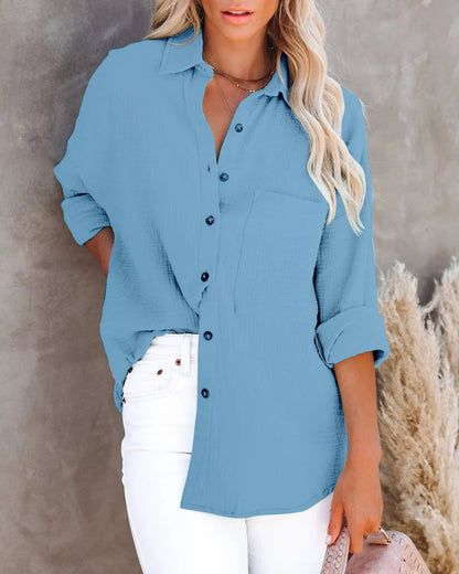 Ladies cotton linen shirt with V-neck and long sleeves in various colors