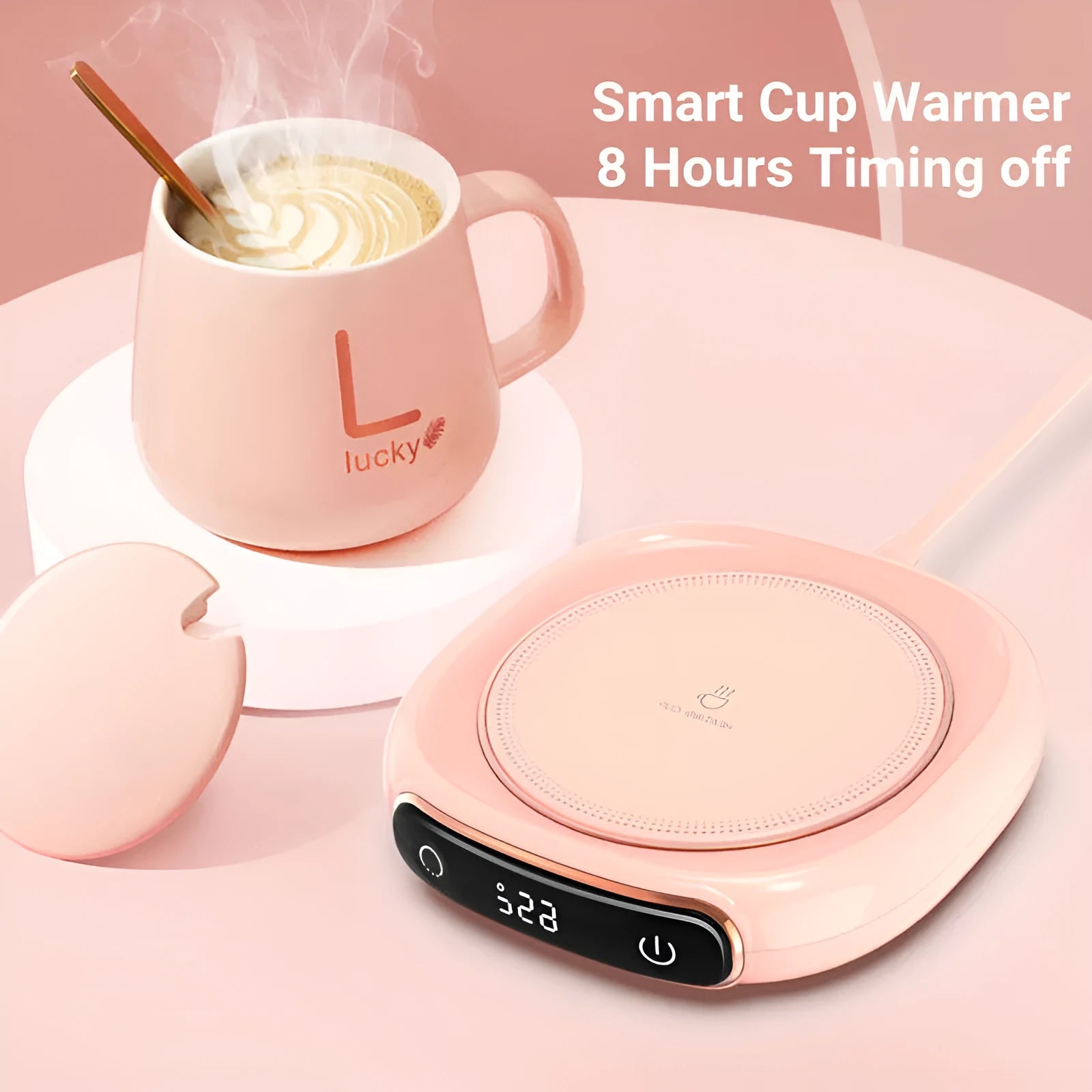 USB-powered white coffee mug warmer with ABS base and metal heating plate on wooden desk