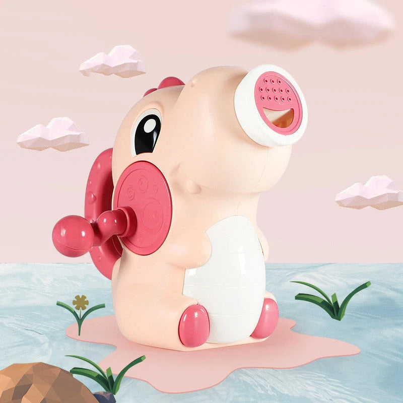 Dinosaur-shaped baby bath toy with manual water spray function in bright colours