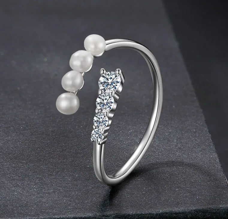Silver pearl moissanite open ring with adjustable opening, electroplating finish, 50 Points colour