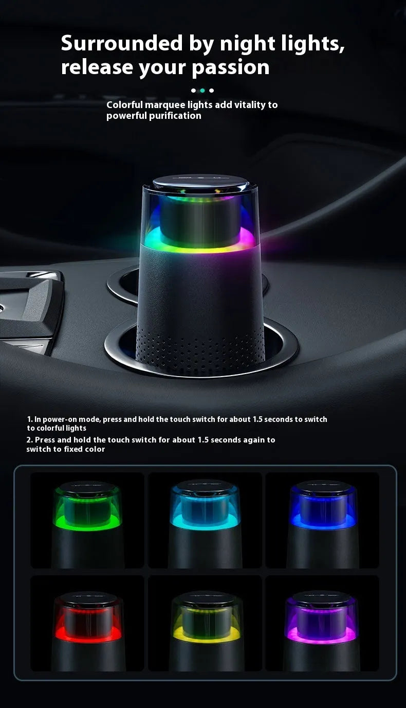 Black car air purifier with running light on a dashboard, ABS construction, 5W USB powered