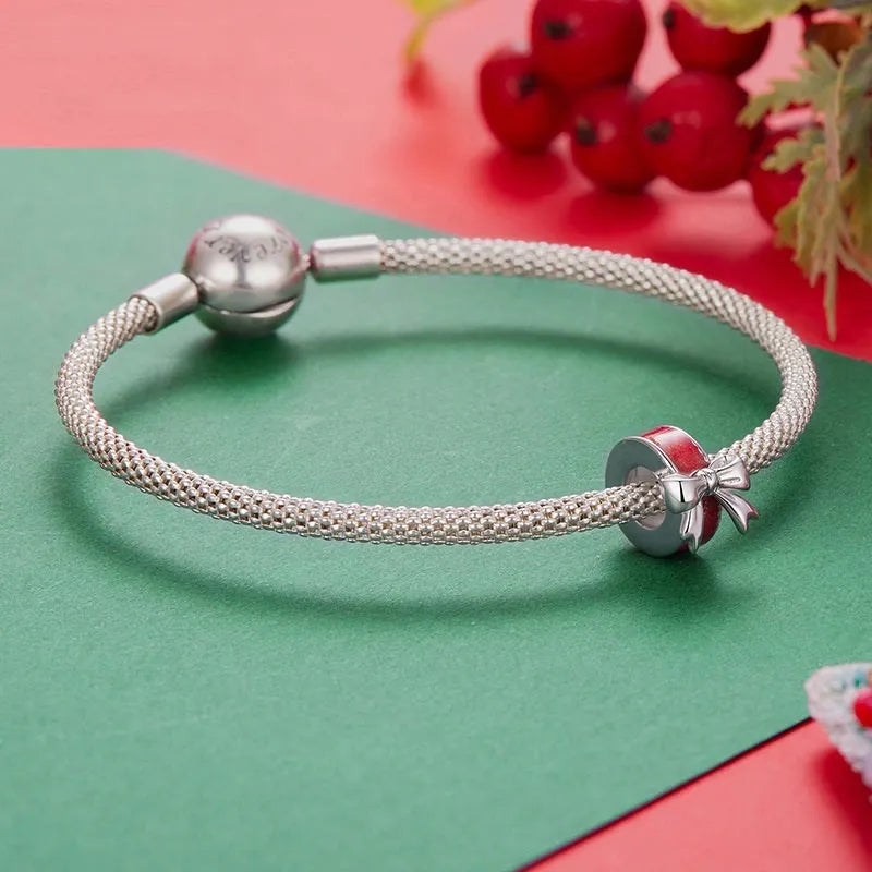Red bow-shaped 925 silver spacer bead with glossy dripping oil finish, 1cm height