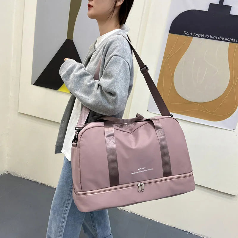 Large capacity waterproof travel bag in blue Oxford cloth for short business trips with dry wet separation compartment