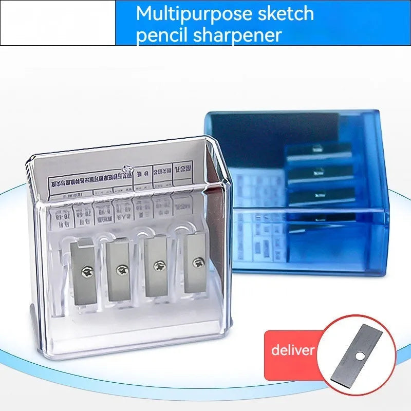 Geometric shaped plastic pencil sharpener with four holes and screwdriver accessory