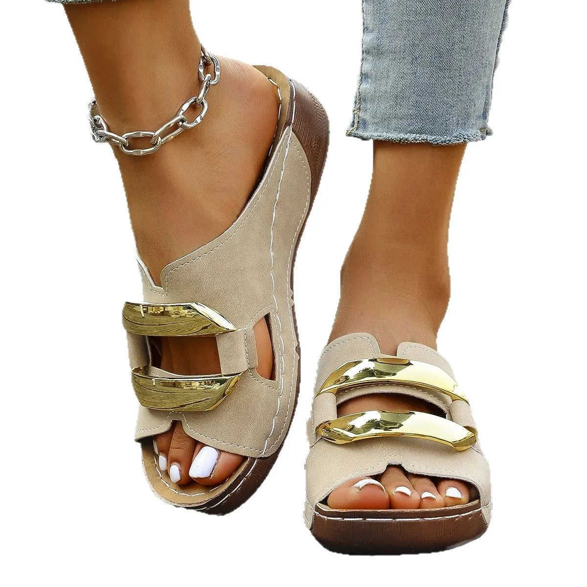 Solid colour Roman style platform flip-flops on a white background showing the artificial PU upper and rubber sole.