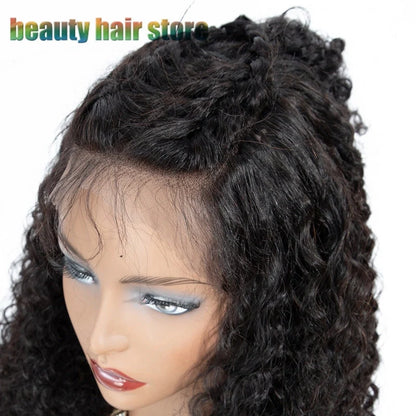 Brazilian Kinky Curly Lace Front Wig in natural color, showcasing voluminous curls and a natural hairline.