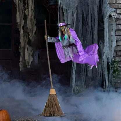 Halloween flying witch decoration with broom and scary sound, 180cm tall