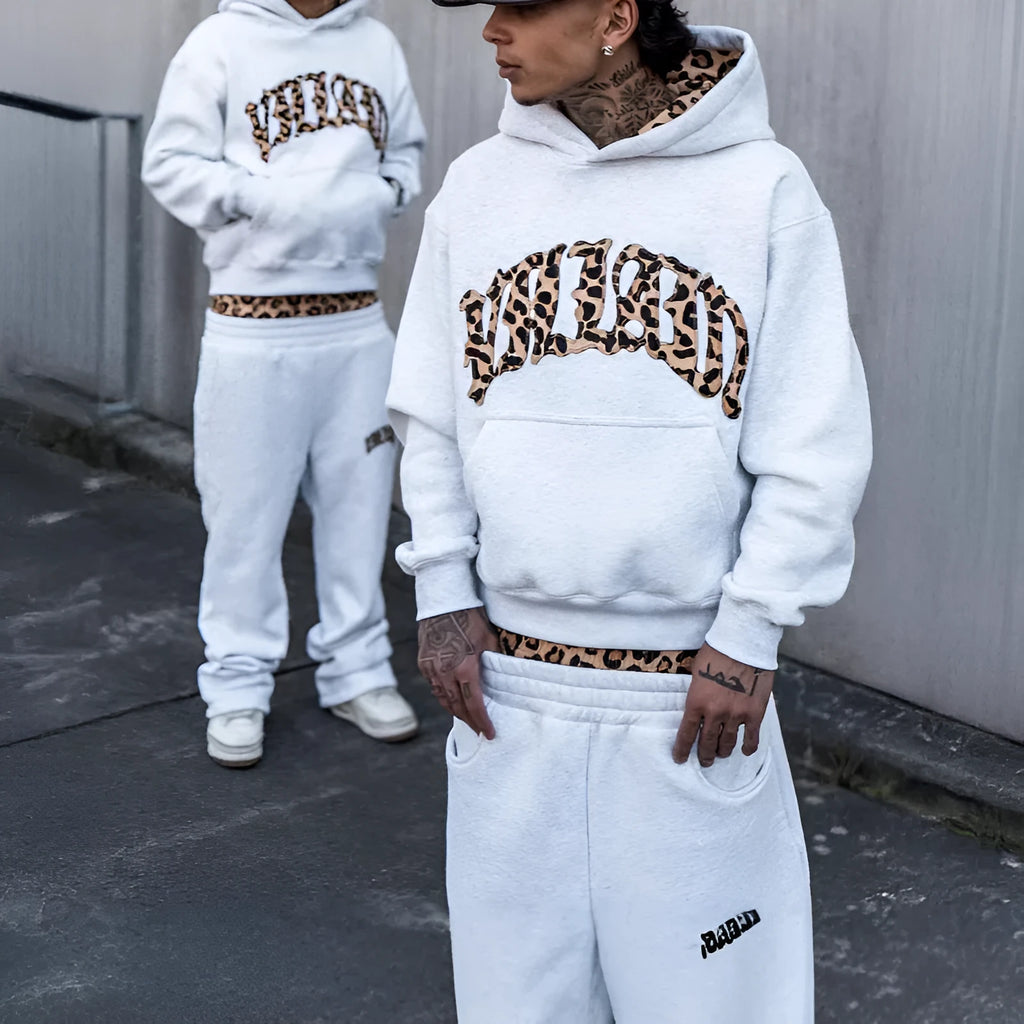 Leopard print letter embroidery street casual trousers and hoodie three-piece set in light gray polyester with pocket detailing, regular fit for unisex
