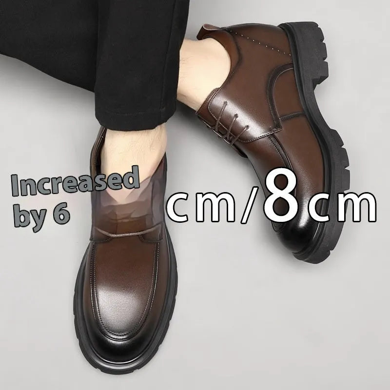 Height increasing formal leather shoes for men with 6cm lift, round toe, black colour, two-layer cowhide upper