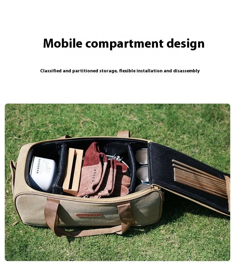 Outdoor camping cookware storage bag with split compartments for stove equipment and gas tank