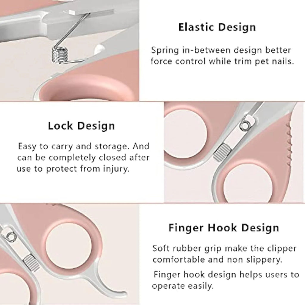 Grey and pink angled cat nail clippers with safety guard and non-slip rubber handles.