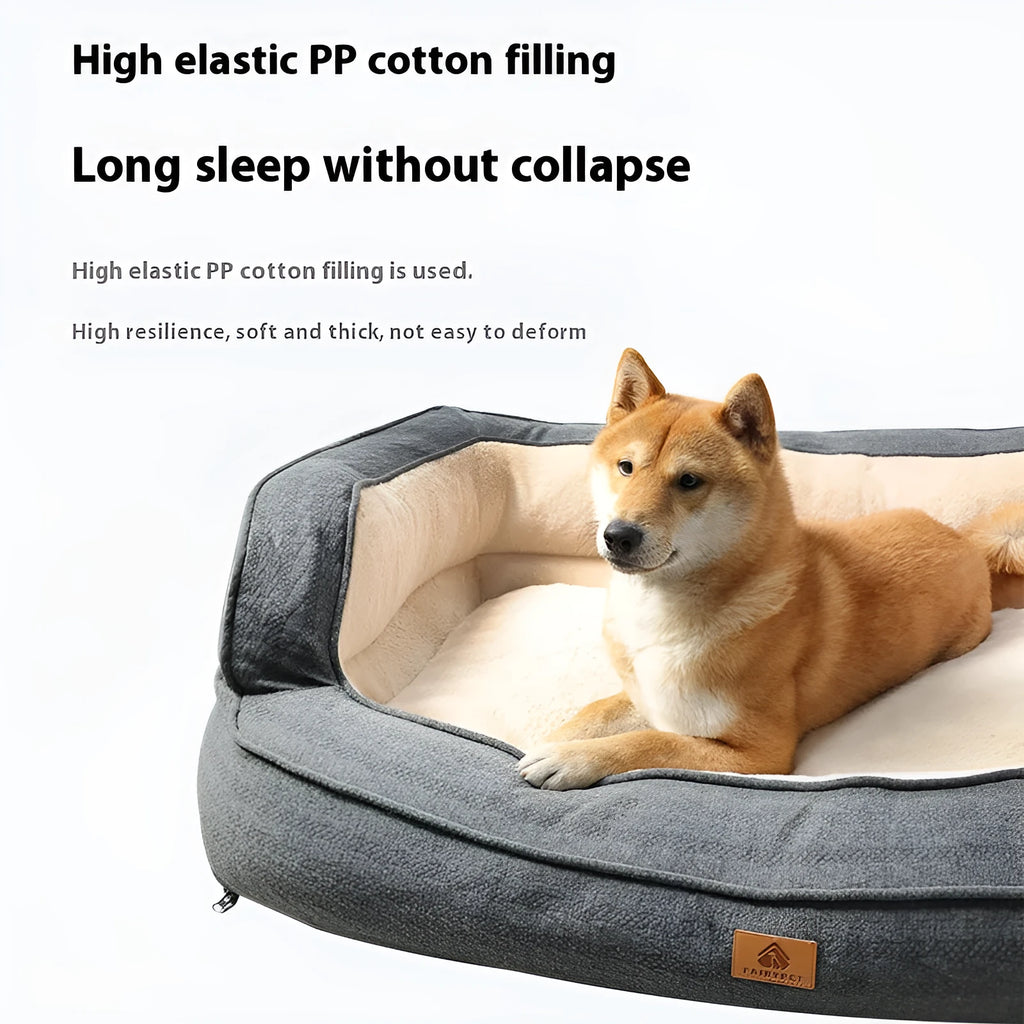 Rust red sofa-style dog bed with removable washable cloth cover, size XL, on a light floor