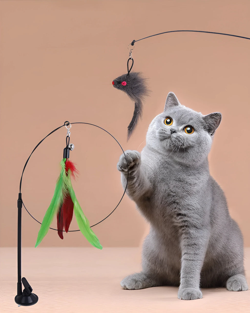 H Hot-selling sucker cat teaser with blue flying fish replaceable head, steel wire arm, and PP construction on a window