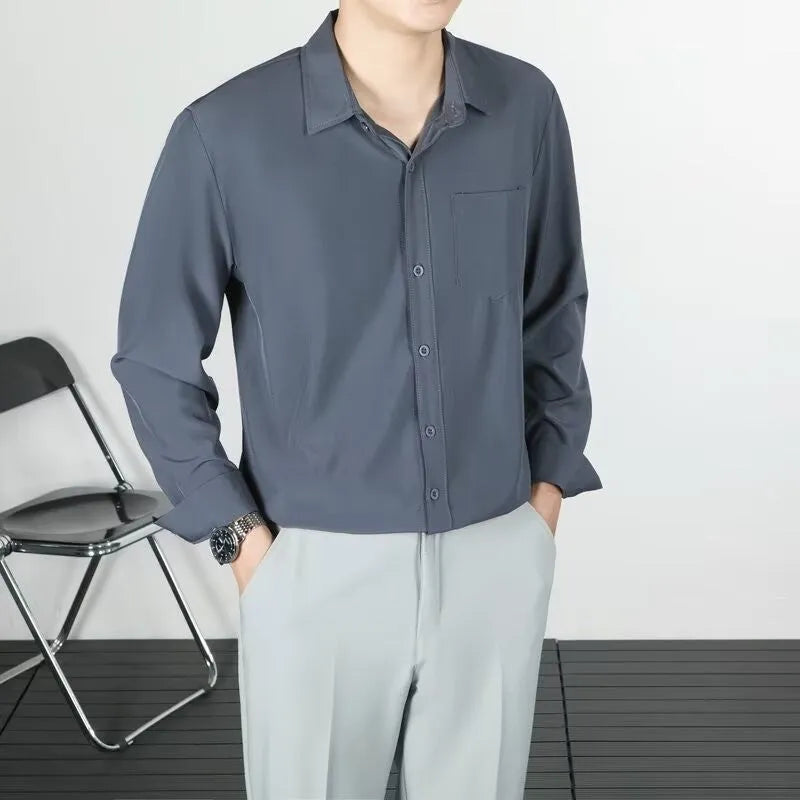 Men's loose-fit linen long-sleeved shirt in solid colour with wrinkle-free finish, sizes S to 4XL