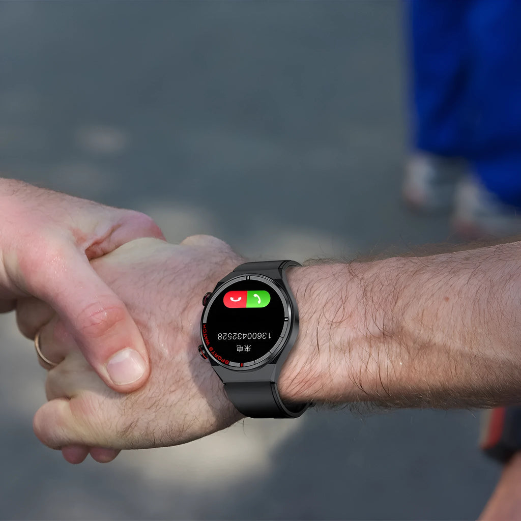 Smartwatch with rotary dial on case, genuine leather strap, and 1.3-inch display showing health stats.